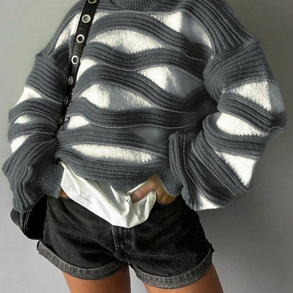 Ash Casual Women's Round Neck Wave Stripe Color Long-Sleeved Knit Sweater - Picture 2 of 4